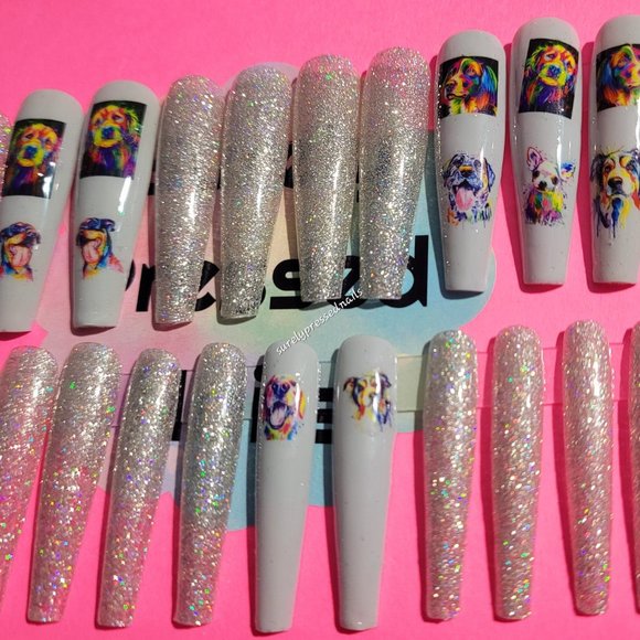 Silver Shimmer Gray Pictured Pups 2xl Ballerina Press on Nails - Picture 2 of 4